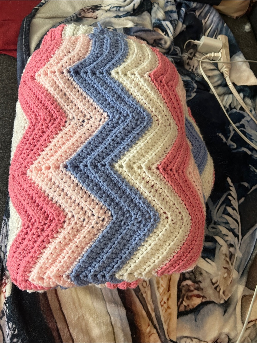 Handmade Chevron Crochet Blanket - Pink, Light Pink, Blue, Cream